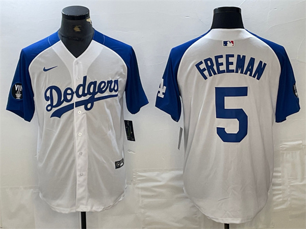 Men's Los Angeles Dodgers #5 Freddie Freeman White/Blue Vin Patch Cool Base Stitched Baseball Jersey